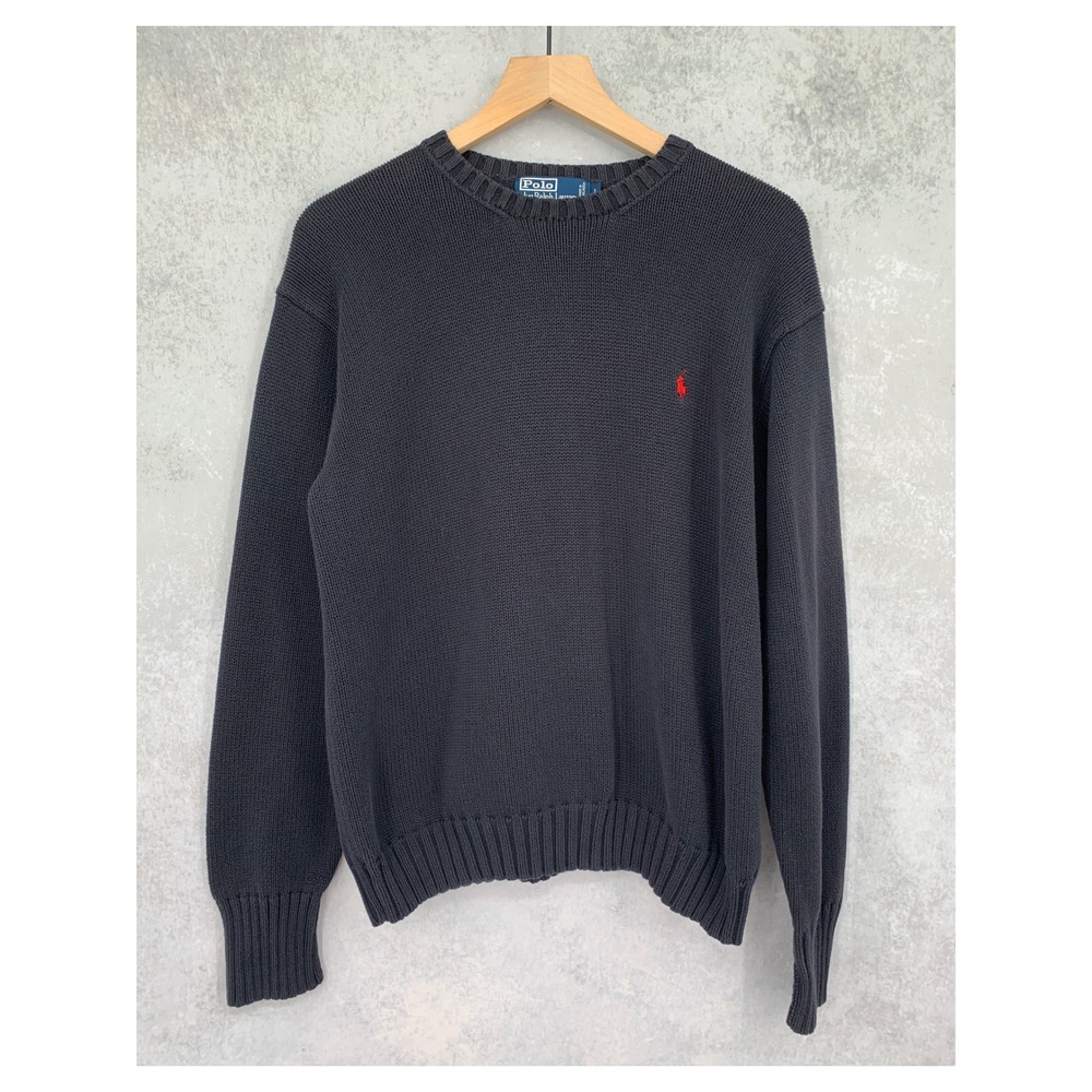 Vintage Polo Ralph Lauren Sweater Mens Large Black Knit Cotton Crew Neck